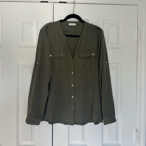 CALVIN KLEIN - Olive Green Button-Up Blouse (XL)